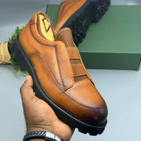 Berluti Men's Premium Brown Textured Leather Slip-On Shoes with Thick Sole and Comfort Elastic Straps - View 5