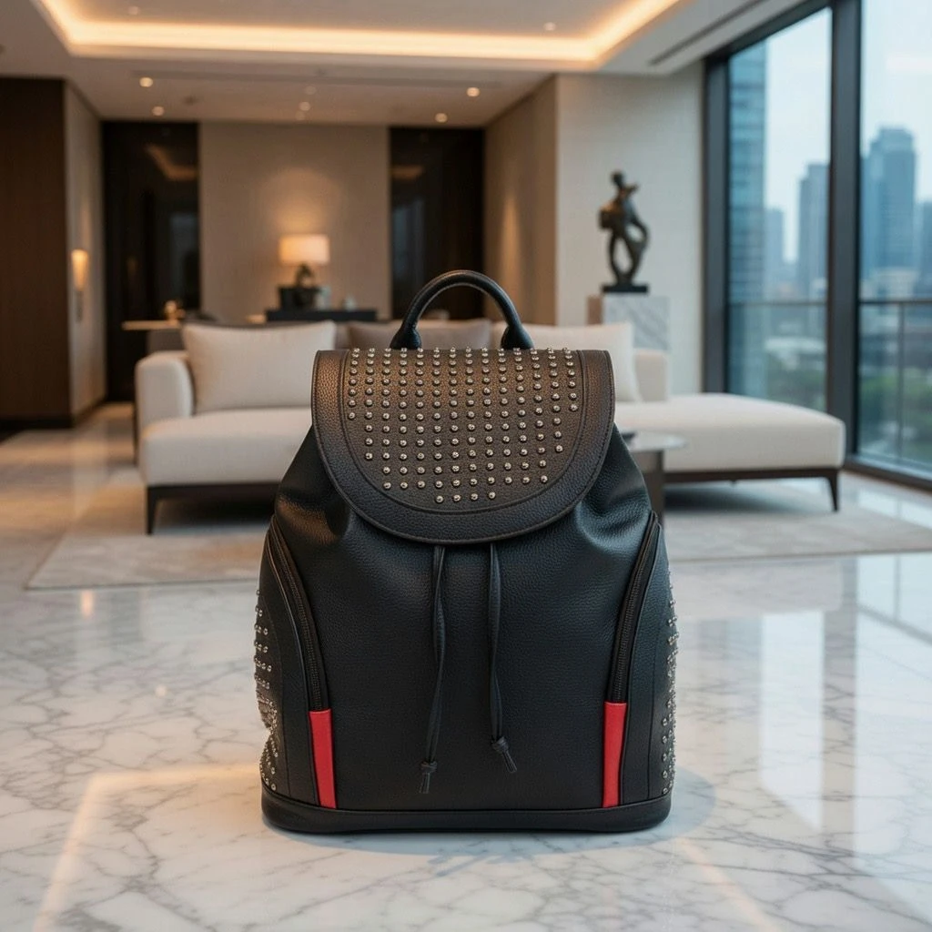 Edgy Black Studded Faux Leather Backpack Bag with Stylish Red Accents - Fashionable Everyday Travel Bag