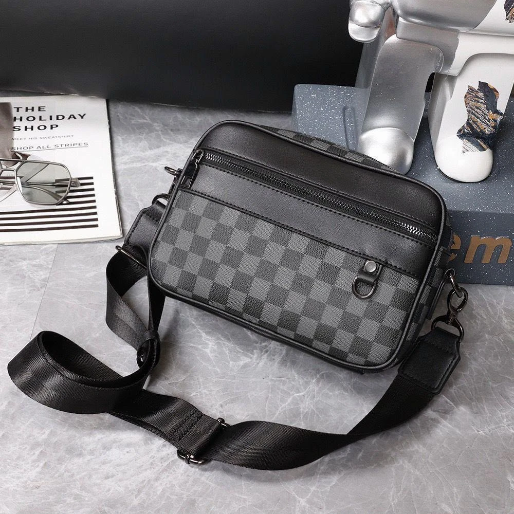Men's Stylish Grey & Black Checkered Crossbody Bag - Premium PU Leather Messenger Pouch for Daily Commute & Urban Fashion - Main View