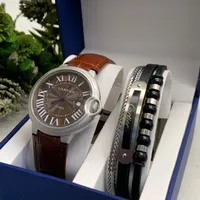 Original Cartier Premium Leather Men's Watch and Bracelets Set Gift Set - Quality Stainelss Steel Casing and Black Dail - View 2