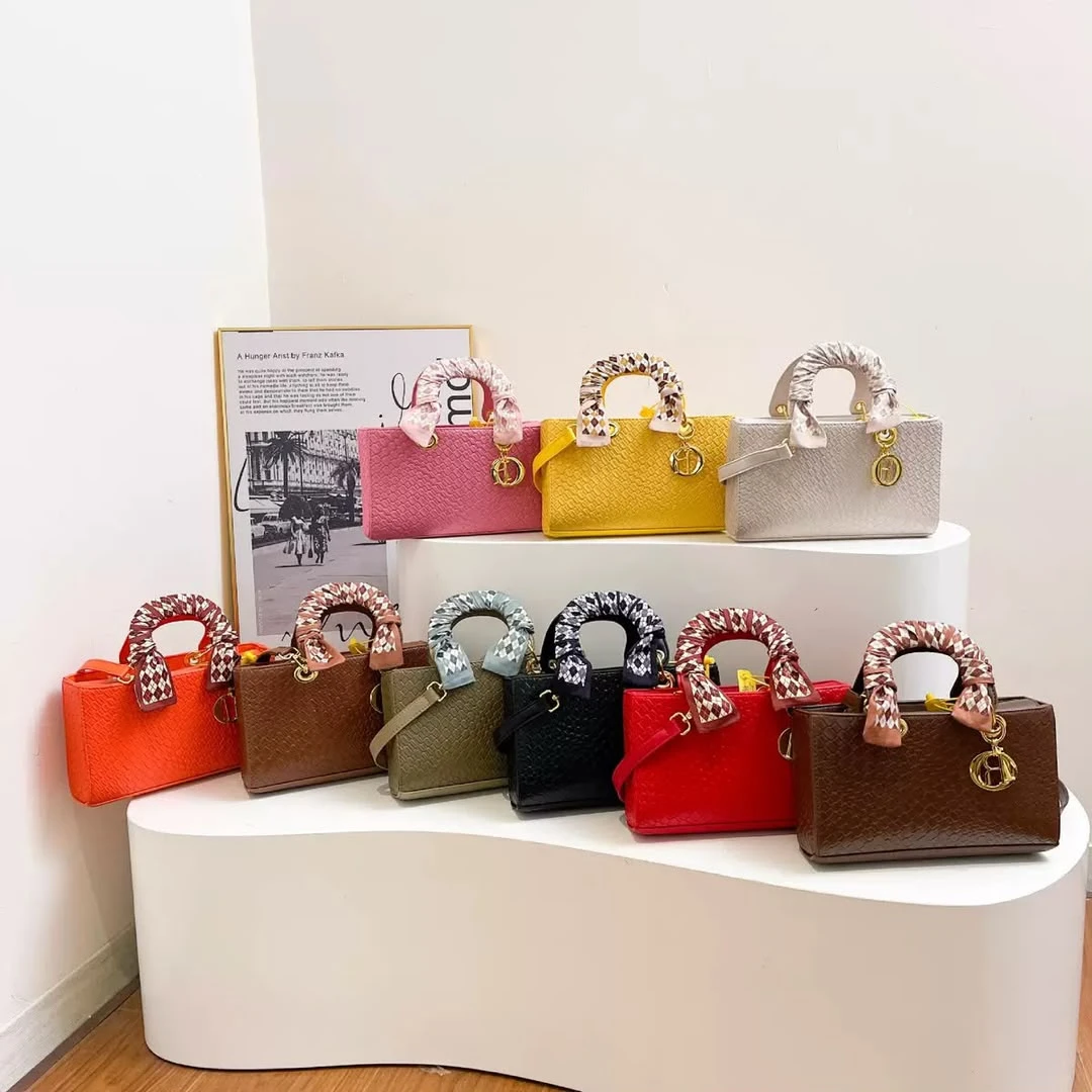 Women's Elegant Textured Top-Handle Bag with Chic Scarf Wrap & Detachable Shoulder Strap – Vibrant Fashion Handbag with Golden D-Charm Accent - Main View