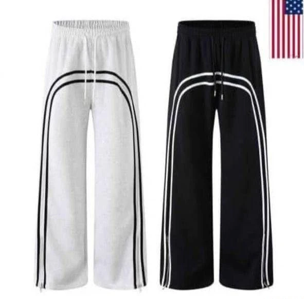 Unisex Streetwear Wide Leg Track Pants with Contrast Curved Stripes & Zipper Hem - Trendy Relaxed Fit Sweatpants for Men & Women