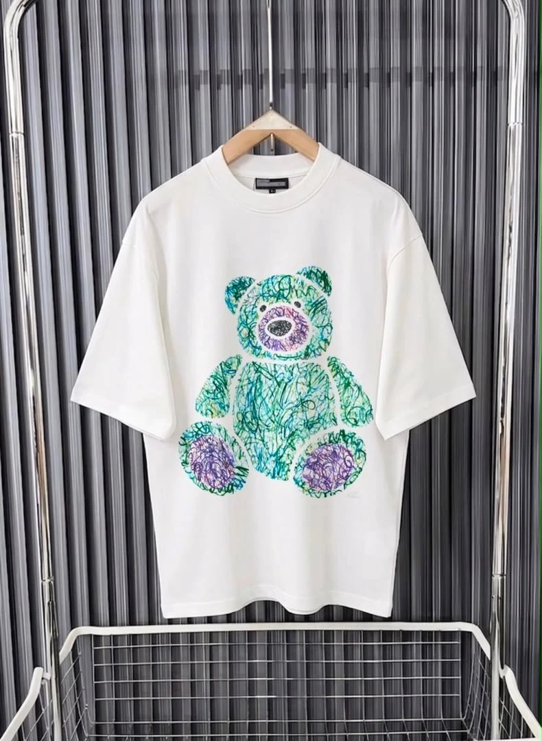 Trendy Abstract Bear Graphic Oversized 350g T-Shirt  Comfortable White Short Sleeve Tee for Casual Street Style