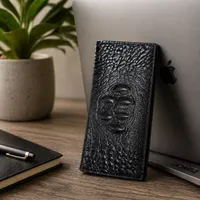 Men's Premium Black Crocodile Texture Leather Long Wallet with Multiple Card Slots & Secure Zipper Pocket - Executive Billfold - View 4