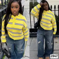 Women's Stylish Striped Knit Polo Sweater - Vibrant Yellow, Brown & Black Long Sleeve Pullover for Casual Chic - View 4