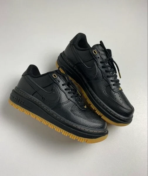Unisex Nike Air Force 1 Black Platform Sneakers with Gum Sole & Gold Accents - Stylish Everyday Leather Lifestyle Shoes for Men & Women