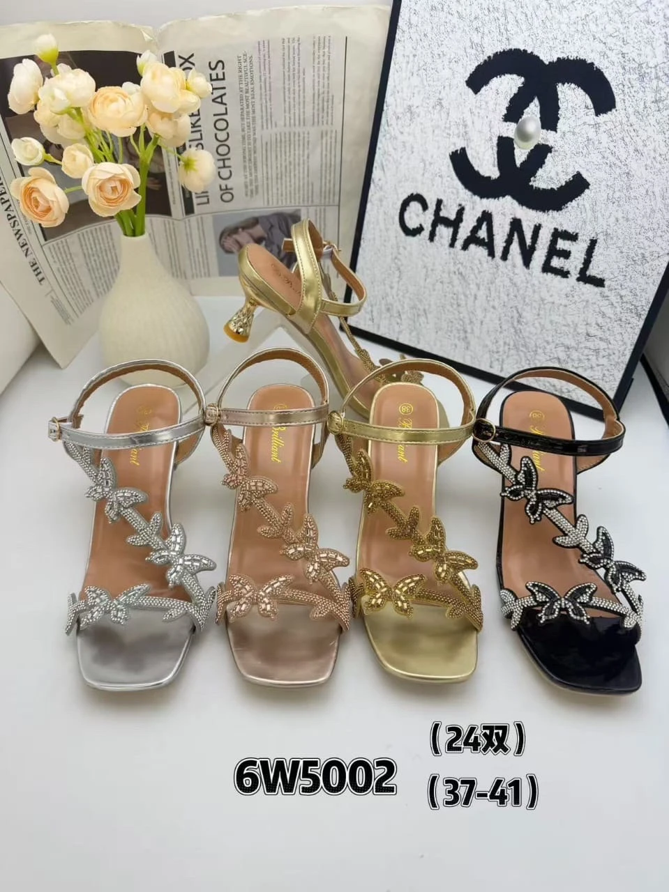 Elegant Women's Rhinestone Butterfly Block Heel Sandals with Ankle Strap - Glamorous Metallic Party Shoes