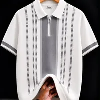 Men's Quality White Maroon and Black Striped Knitted Polo Shirt  Short Sleeve Half-Zip Design for Smart Casual Elegance  Modern Fashion Top - View 1
