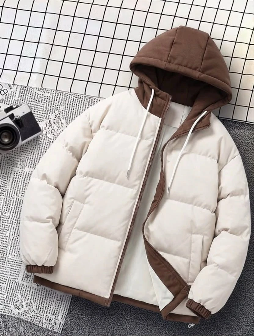 Unisex Stylish Two-Tone Puffer Jacket with Hood - Warm Cream & Brown Padded Winter Coat for Men & Women