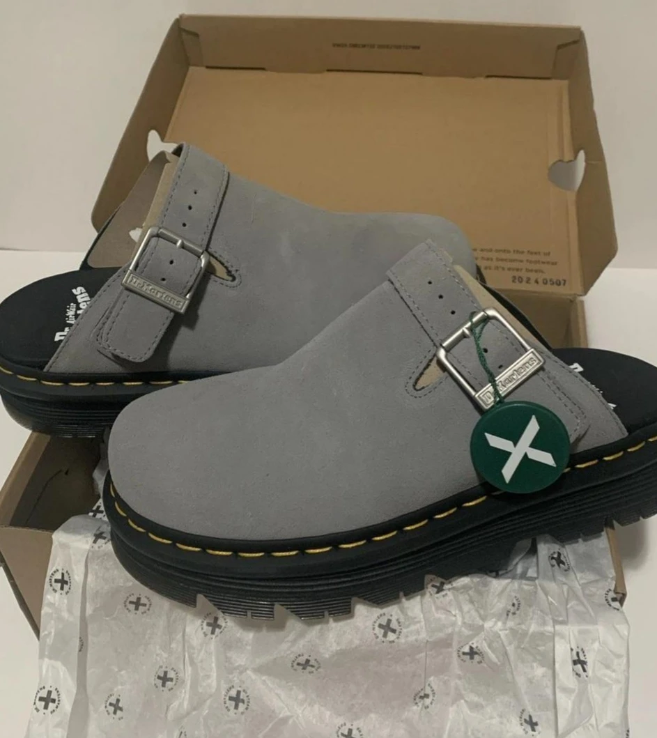 Dr. Martens Zebzag Suede Buckle Slip-On Mules - Classic Chunky Sole Clogs Sandals - Available in color black green and grey