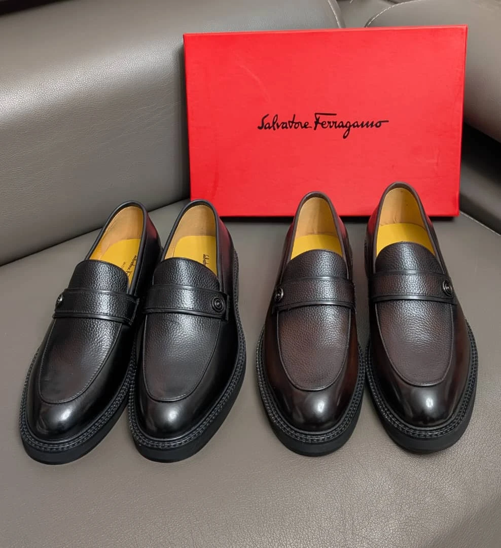 Men's Salvatore Ferragamo Luxury Leather Penny Loafers - Classic Textured Slip-On Dress Shoes in Black & Brown - Main View