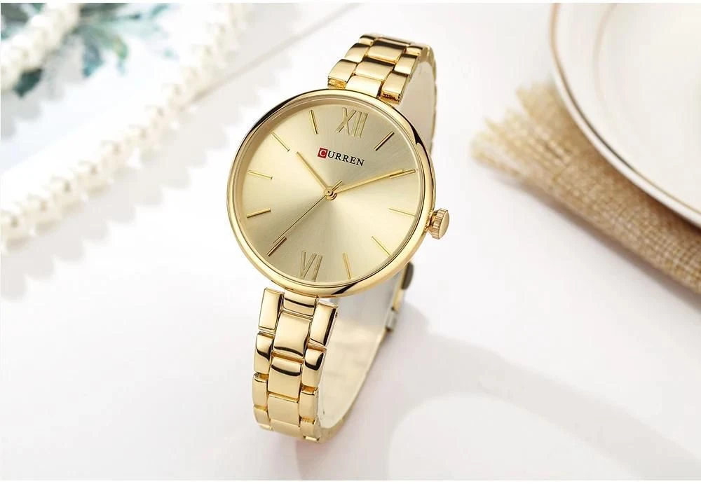 CURREN 9017 Women's Elegant Gold Tone Quartz Watch with Classic Dial  Slim Metal Link Bracelet - Stylish Ladies Fashion Timepiece