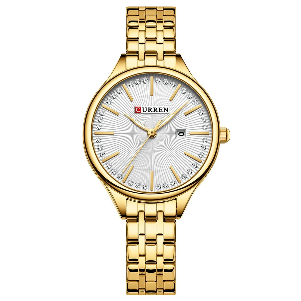 Women's Elegant Gold-Tone CURREN Quartz Watch with Crystal Embellished White Dial & Date Display - Stylish Metallic Strap Wristwatch for Her - Main View
