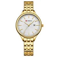 Women's Elegant Gold-Tone CURREN Quartz Watch with Crystal Embellished White Dial & Date Display - Stylish Metallic Strap Wristwatch for Her - View 1