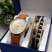 Men's Casio Classic Gold Dial Watch & Luxury Multi-Layer Bracelet Gift Set - Elegant Black Leather Strap, Water Resistant Timepiece with Stylish Accents for Him - View 3