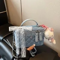 Women's Trendy Denim Quilted Mini Box Bag with Elegant Lace Bow & Cute Bunny Charm - View 1