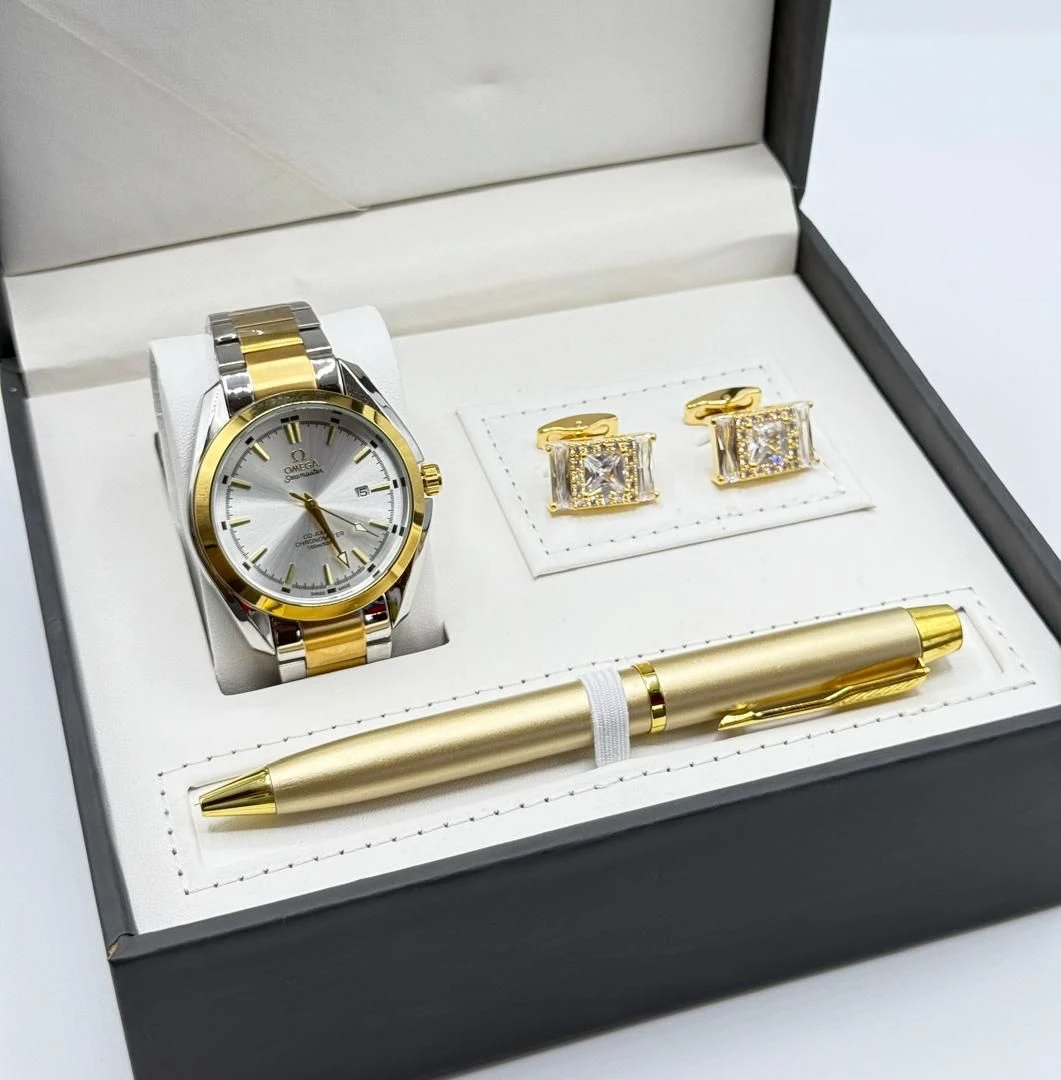 Men's Elegant OMEGA Seamaster Watch, Gold Cufflinks & Pen Gift Set - Premium Business & Formal Accessories