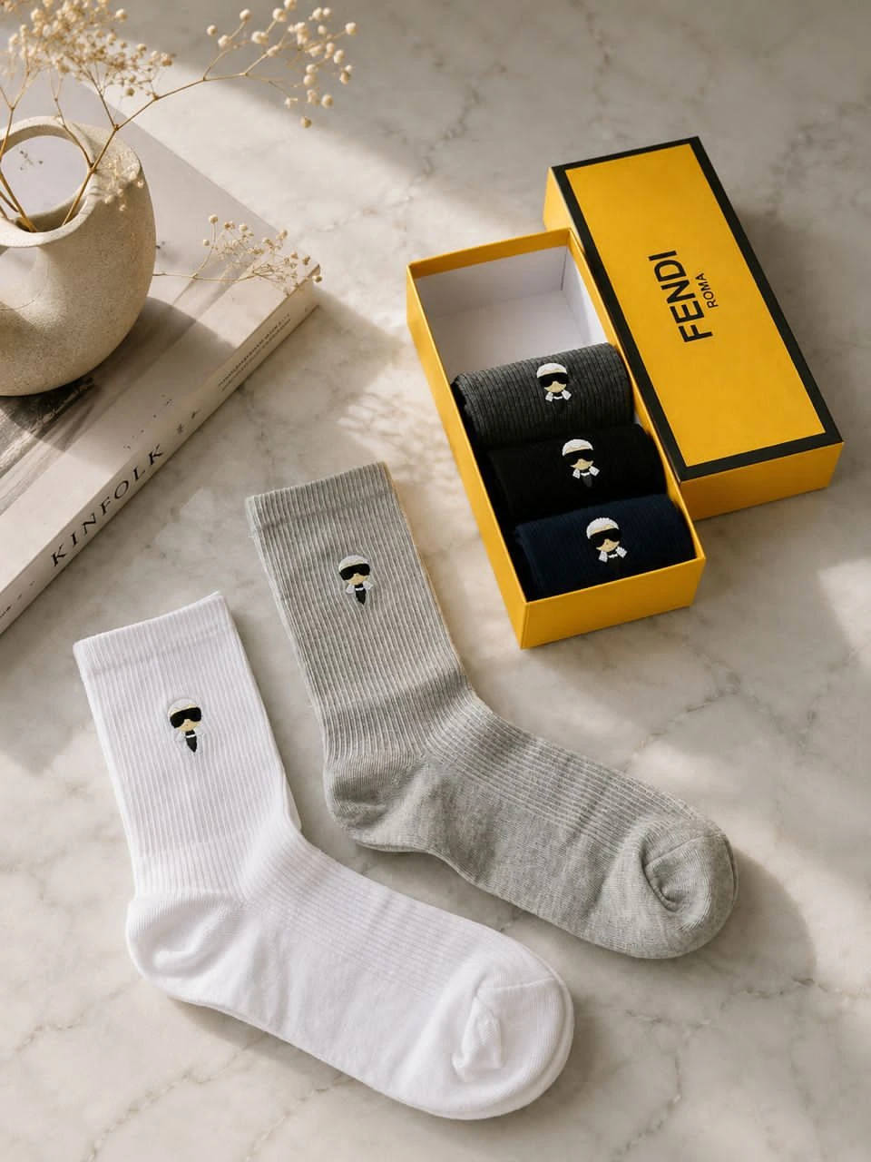 Fendi Unisex Luxury Embroidered Crew Socks 5-Pack Gift Set - White, Grey, Black, Navy Designer Comfort