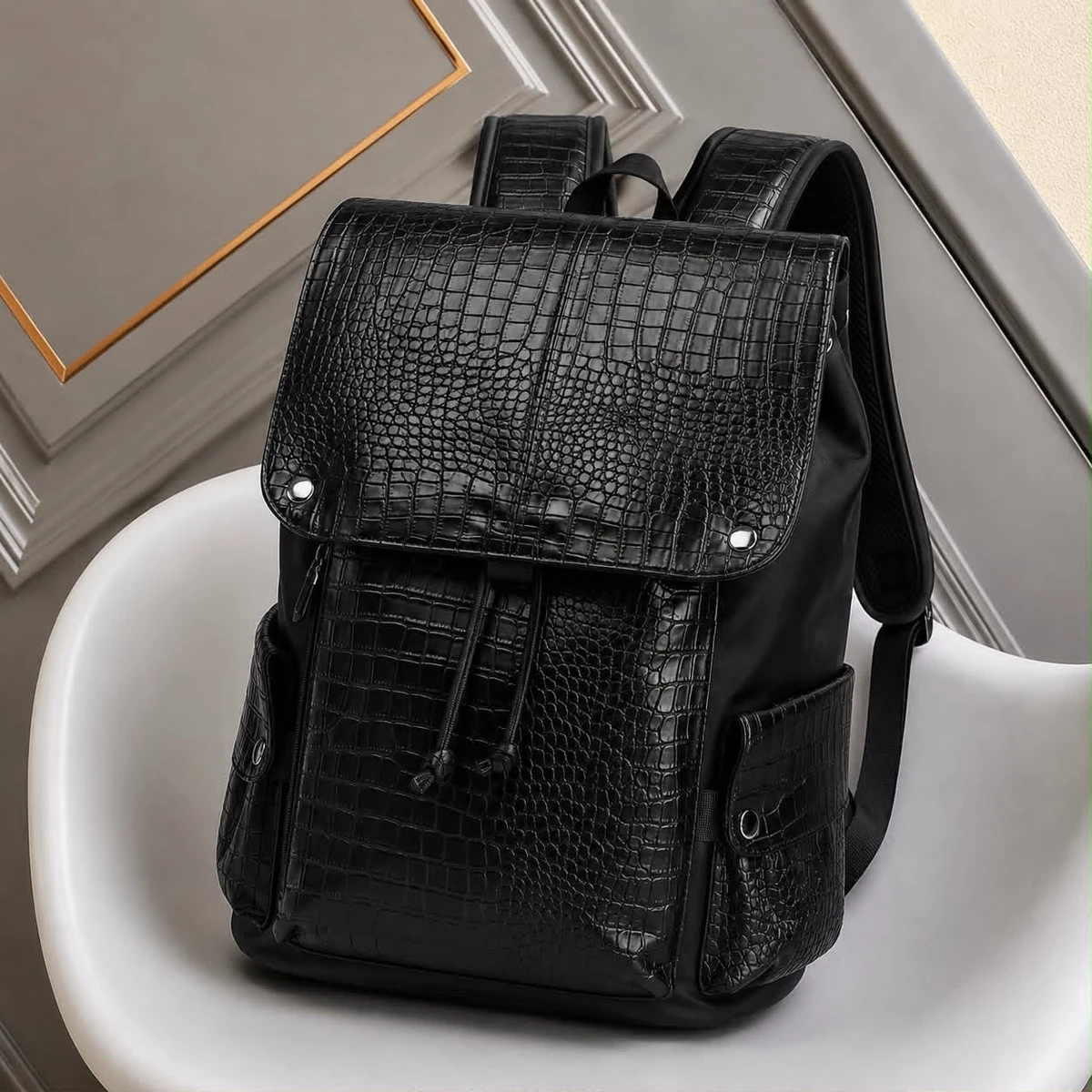 Men's Premium Black Crocodile Texture Backpack Bag - Stylish Flap Closure Daypack with Drawstring for Work, Travel  Daily Essentials