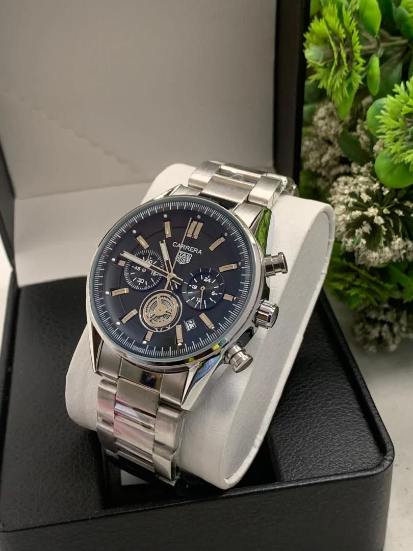 Men's Tag Heuer Carrera Chronograph Silver Stainless Steel Chain with Blue Dial Analog Watch - Precision Timepiece for Modern Gentlemen