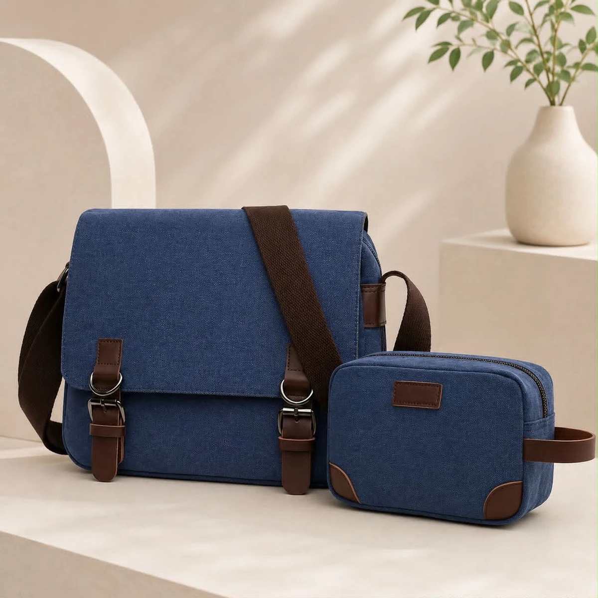 2 in 1 Men's Canvas Shoulder Messenger Bag and Matching Toiletry Pouch Pair - Crossbody Shoulder Bag for Work, Travel Everyday