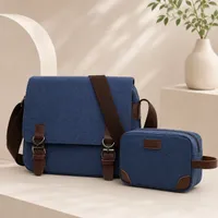 2 in 1 Men's Canvas Shoulder Messenger Bag and Matching Toiletry Pouch Pair - Crossbody Shoulder Bag for Work, Travel Everyday - View 1