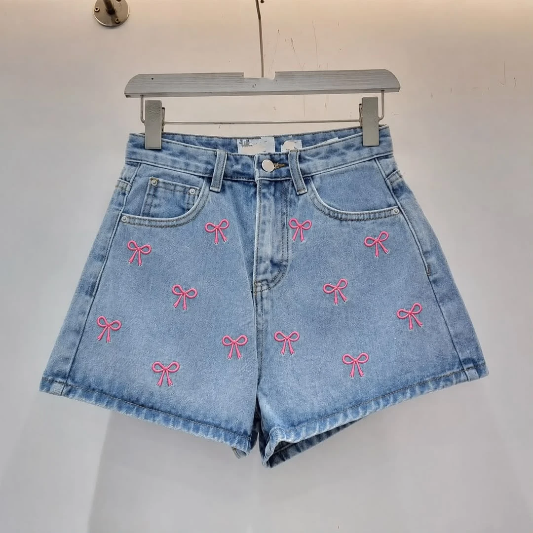 Women's Trendy Light Wash Denim Shorts with Pink Bow Embroidery - High Waist Casual Summer Jean Shorts - Main View