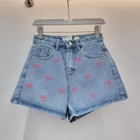 Women's Trendy Light Wash Denim Shorts with Pink Bow Embroidery - High Waist Casual Summer Jean Shorts - View 1