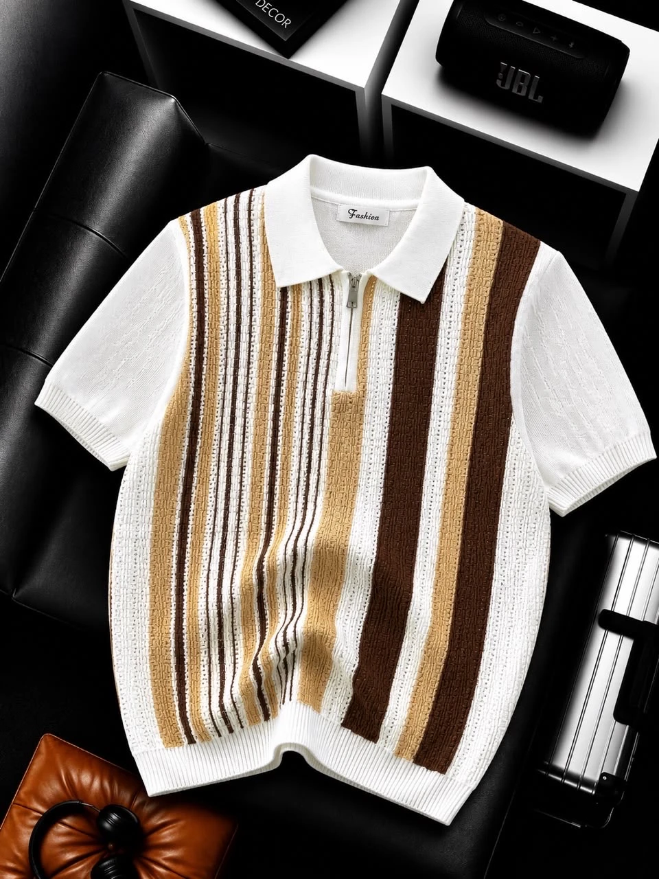 Men's Retro Knitted Striped Polo Shirt – Quarter-Zip Casual Top in Brown, Black, White, Purple and Beige for Mens Everyday Smart Casual 