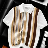 Men's Retro Knitted Striped Polo Shirt – Quarter-Zip Casual Top in Brown, Black, White, Purple and Beige for Mens Everyday Smart Casual  - View 1