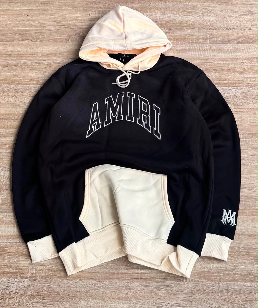 Men's AMIRI Varsity Logo Black & Cream Block Hoodie – Premium Streetwear Sweatshirt with Kangaroo Pocket
