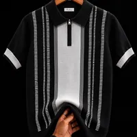 Men's Quality White Maroon and Black Striped Knitted Polo Shirt  Short Sleeve Half-Zip Design for Smart Casual Elegance  Modern Fashion Top - View 3