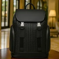 Men's Premium Black Woven Leather Backpack – Stylish Everyday Commuter & Travel Bag with Flap Closure and Side Pockets for Business & College - View 2