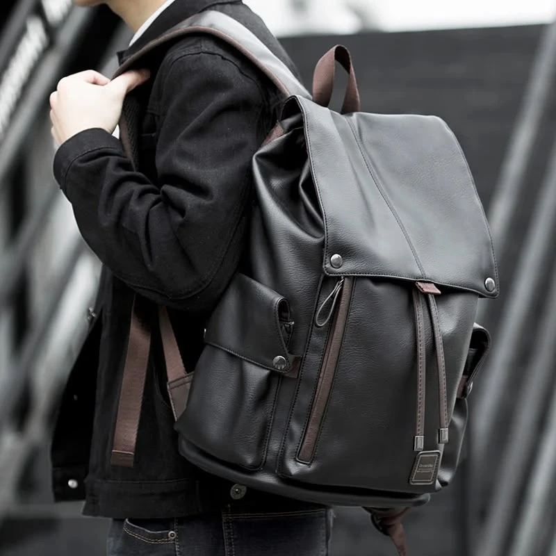 Premium Black PU Leather Flap Backpack Bag – Stylish Drawstring Rucksack with Multiple Pockets for Business, Travel  Daily Use