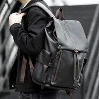 Premium Black PU Leather Flap Backpack Bag – Stylish Drawstring Rucksack with Multiple Pockets for Business, Travel  Daily Use - View 1