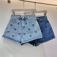 Women's Trendy Light Wash Denim Shorts with Pink Bow Embroidery - High Waist Casual Summer Jean Shorts - View 2