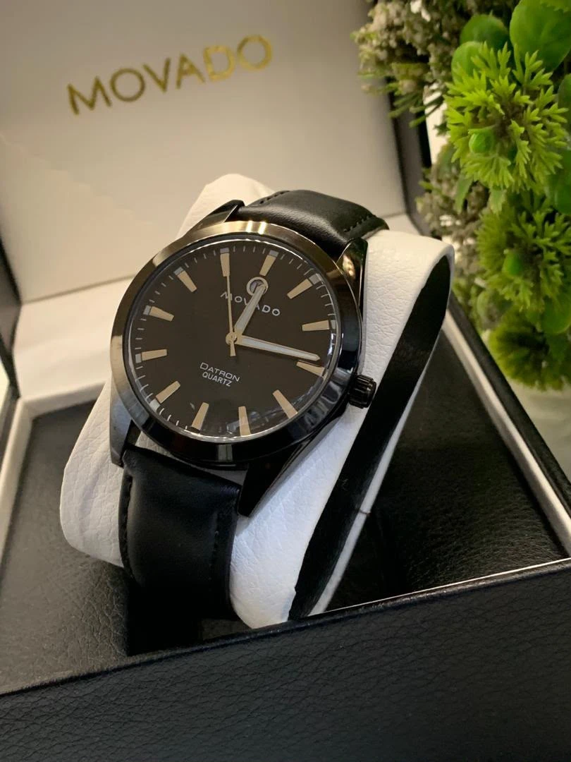 Movado Men's Datron Quartz Black Dial & Leather Strap Watch - Elegant Luxury Timepiece for Sophisticated Ghanaian Style