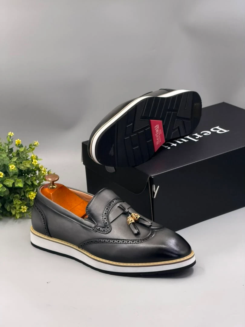 Berluti Men's Premium Tassel Brogue Leather Loafers with Modern White Sole - Slip-On Dress Shoes for official and Semi-formal Events - Main View