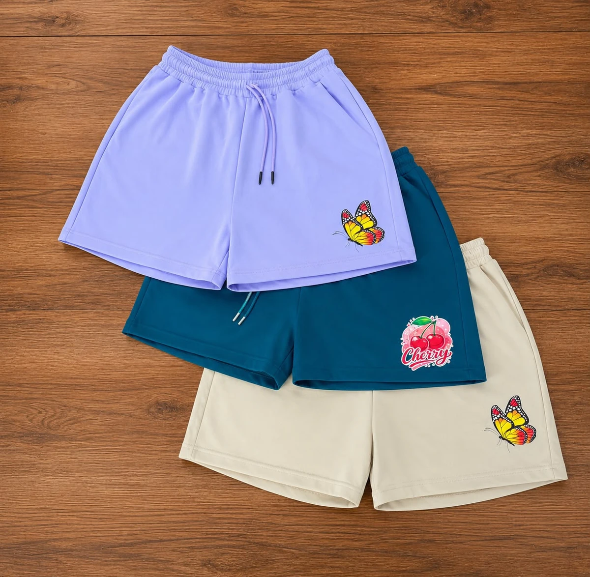 Women's Trendy Graphic Drawstring Casual Shorts - Comfy Lilac Butterfly, Teal Cherry & Beige Summer Wear - Main View