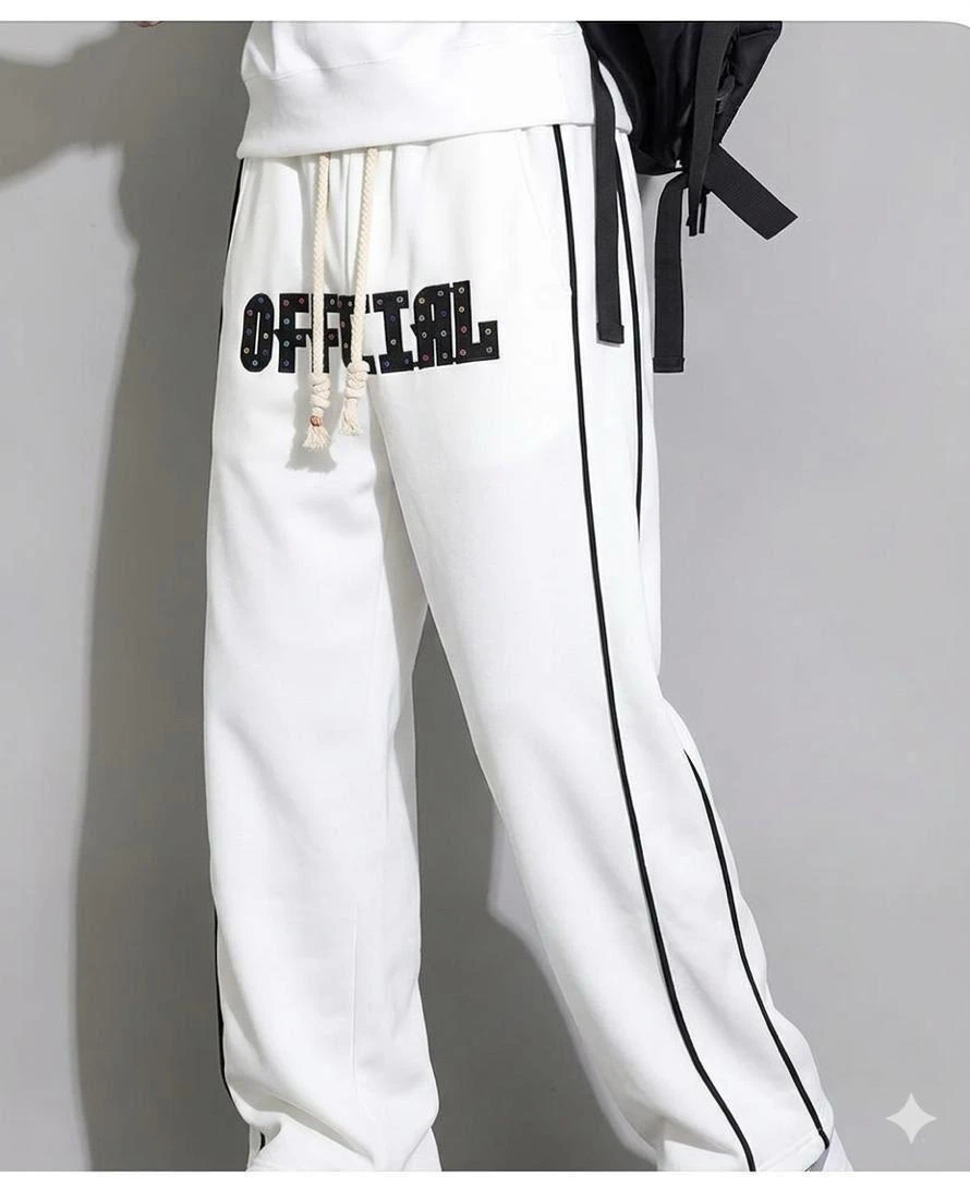 Unisex White 'OFFICIAL' Streetwear Joggers with Black Side Stripes & Drawstring Waist - Comfortable Casual Track Pants for Men & Women