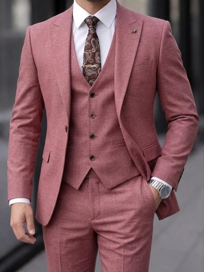 Men's Modern Dusty Rose Slim Fit Three-Piece Suit - Stylish Wedding & Event Attire