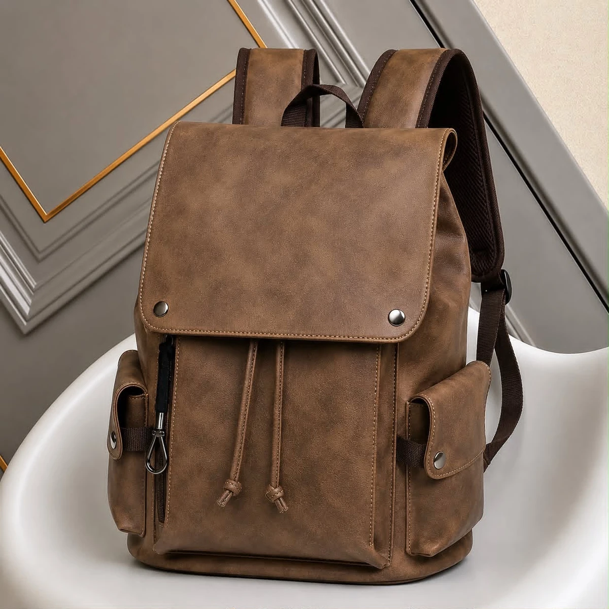 Vintage Brown and Black Faux Leather Flap Backpack with Drawstring – Stylish  Durable Rucksack for School, Work, and Casual Travel