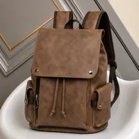 Vintage Brown and Black Faux Leather Flap Backpack with Drawstring – Stylish  Durable Rucksack for School, Work, and Casual Travel - View 1