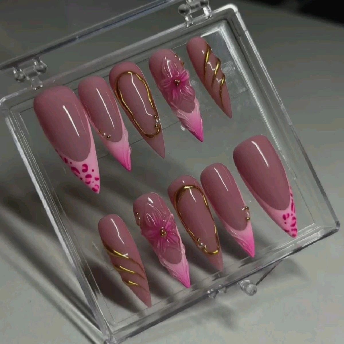 Women's Glamorous Pink & Gold Almond Stiletto Press-On Nails Set - Featuring 3D Floral Accents, Chic Leopard Print French Tips, and Dazzling Gold Swirls for a Luxury Instant Manicure