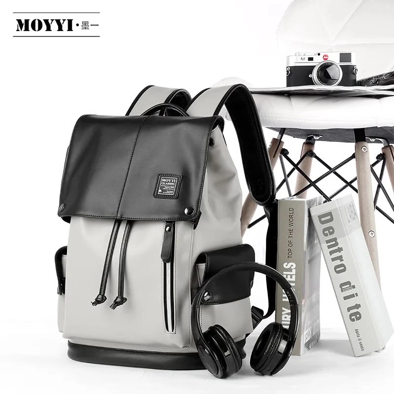 MOYYI Classic Unisex Stylish Two-Tone Grey & Black Flap Drawstring Backpack – Modern, Durable, and Versatile for School, Work, and Casual Adventures - Main View