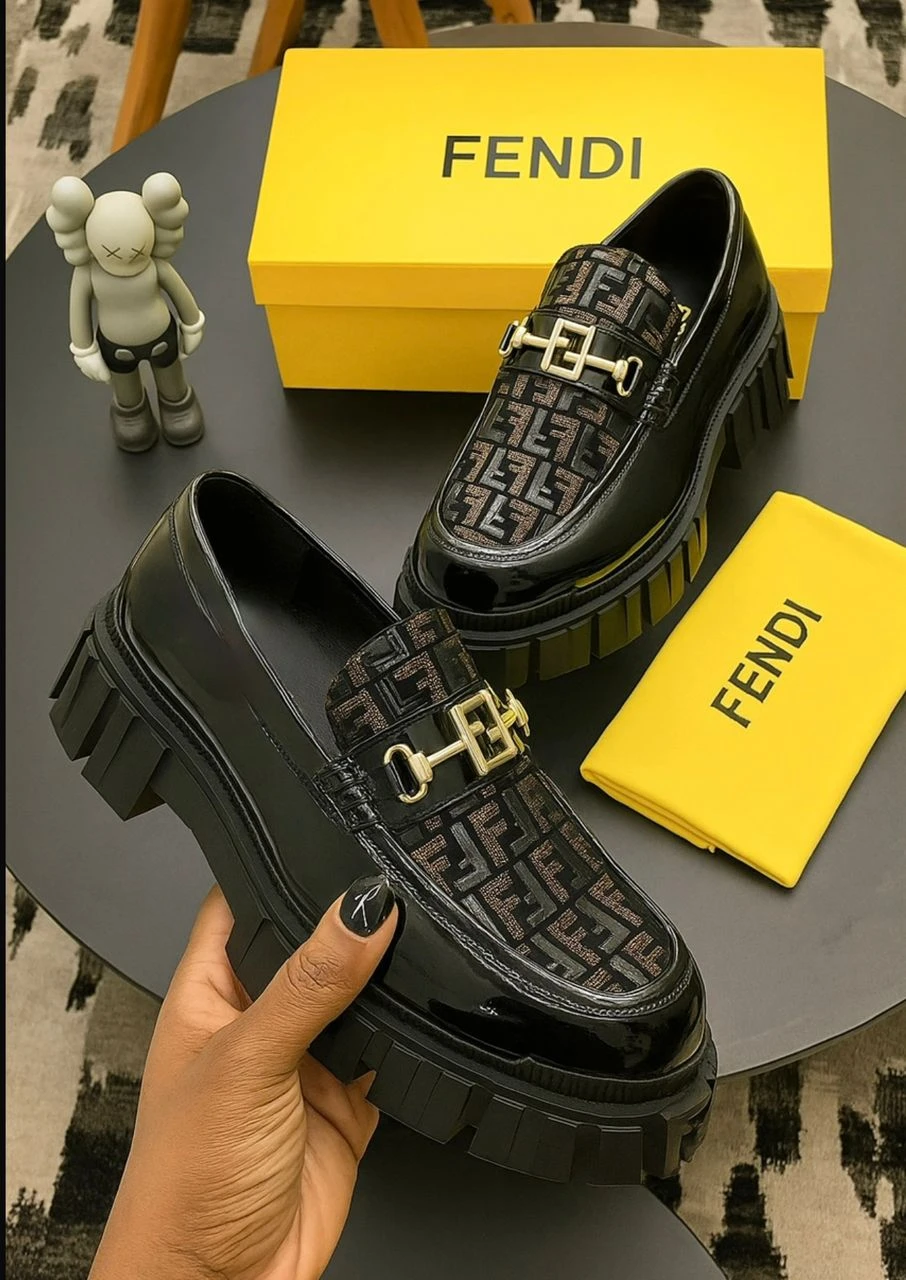 Men's Black Patent Leather Chunky Platform Loafers with Iconic Monogram FF Design and Gold Horsebit Buckle - Main View