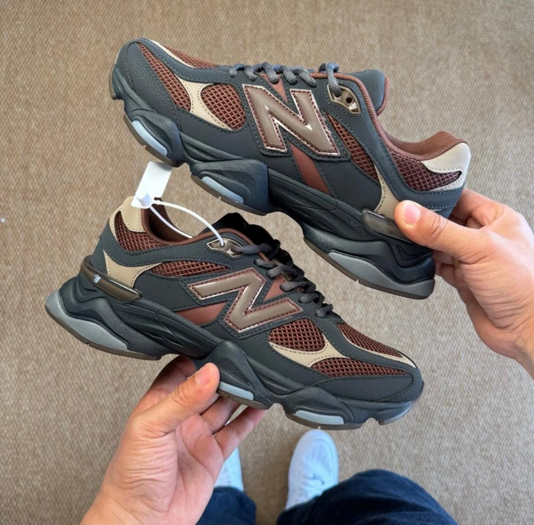 Unisex New Balance 9060 Dynamic Lifestyle Sneakers - Stylish Navy & Brown Chunky Trainers for Everyday Comfort & Trendsetters