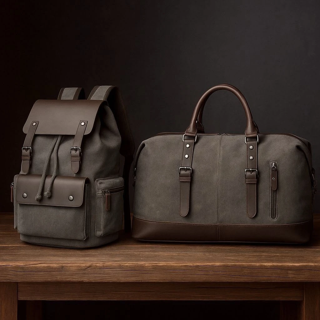 2 in 1 Vintage Canvas PU Leather Travel Set Durable Backpack and Duffel Bag for Adventures Travel bag and carry on