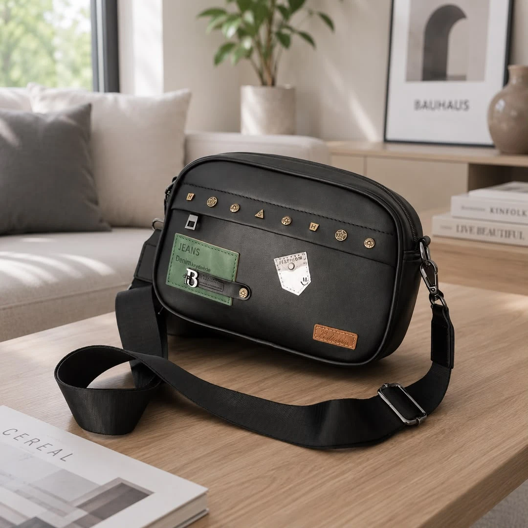 Black Studded Crossbody Messenger Bag - Trendy PU Leather Shoulder Bag with Decorative Patches for Casual Street Style  Everyday Essentials