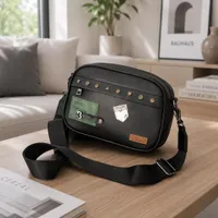 Black Studded Crossbody Messenger Bag - Trendy PU Leather Shoulder Bag with Decorative Patches for Casual Street Style  Everyday Essentials - View 1